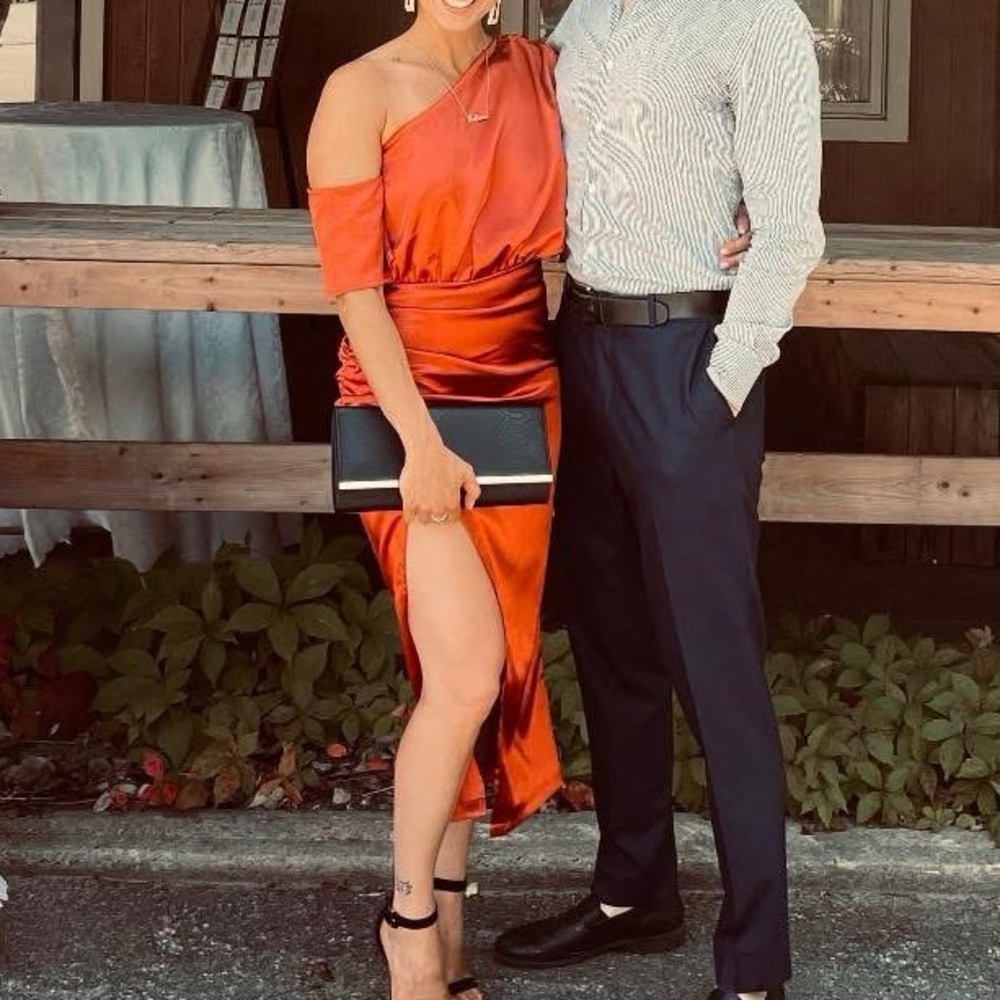 PrettyLittleThing Burnt Orange Satin Gown one shoulder/leg slit - NWT!!